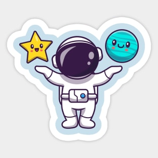 Cute Astronaut With Cute Star And Cute Planet Cartoon Sticker